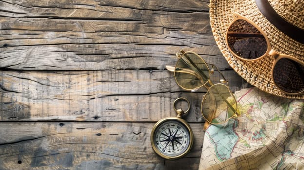 A stylish display of a hat, compass, sunglasses, and a map on a wooden table. The wood adds an artistic touch to this collection of travel essentials AIG50