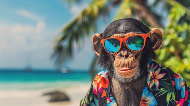 Summer background, Cool monkey with hawaiian costume tropical palm and beach background, Generative AI.
