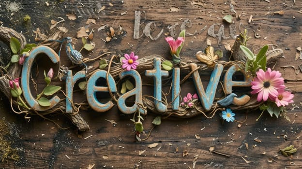 The letter of be creative in variant texture with wooden fence background and natural colorful flower blooming, leaf, and plant decorated with 3D design. Spring season concept. Lettering. AIG42.