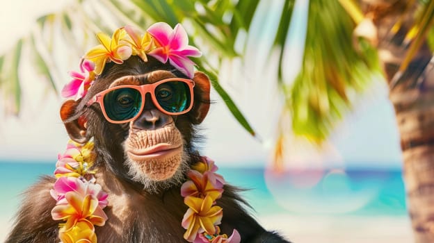 Summer background, Cool monkey with hawaiian costume tropical palm and beach background, Generative AI.