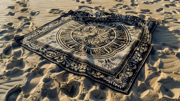 A rug with an electric blue pattern lies on the sandy beach, contrasting with the neutral landscape of sand and rocks. The motif creates a striking art piece amidst the geology of the wood flooring AIG50