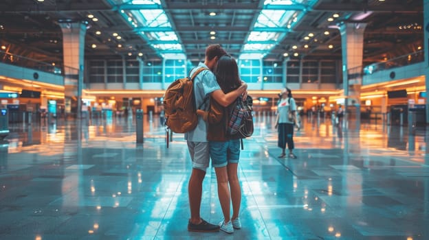 People at the airport hugging, Sharing a hug in airport, Until next time.