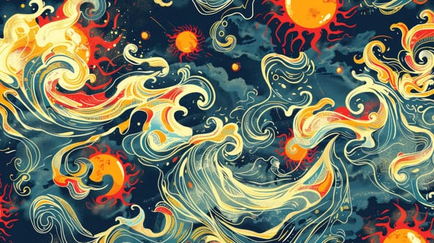Textile sleeve featuring an intricate pattern of suns, moons, and swirls on a black background. The design incorporates elements of organisms, plants, and art in electric blue, aqua, and symmetry AIG50