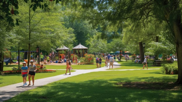 A group of people enjoying leisure activities in a park with a playground, surrounded by natural landscapes, trees, grass, and plants. AIG41