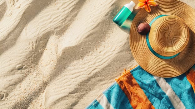 A wooden patterned hat lies next to a furry peachcolored towel on the beach, with a musical instrument tucked under the brim and a mask of a fictional character nearby AIG50