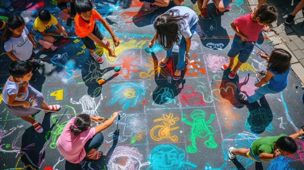 A happy group of children are engaging in leisurely sports and recreation by sitting on the ground, drawing with chalk. AIG41