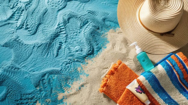A wooden patterned hat lies next to a furry peachcolored towel on the beach, with a musical instrument tucked under the brim and a mask of a fictional character nearby AIG50