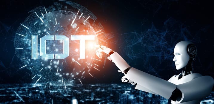 MLP 3d illustration Internet connection controlled by AI robot and machine learning process to analyze data connectivity and cyber security. 3D illustration.