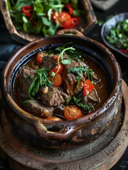 Malagasy romazava, a traditional beef stew with mixed greens and tomatoes, served in a clay pot. A flavorful dish from Madagascar