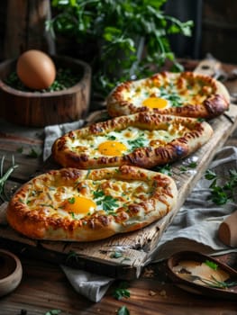 Georgian khachapuri, a cheese-filled bread with an egg baked in the center, served on a wooden paddle. A traditional and delicious dish from Georgia