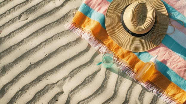 A wooden patterned hat lies next to a furry peachcolored towel on the beach, with a musical instrument tucked under the brim and a mask of a fictional character nearby AIG50