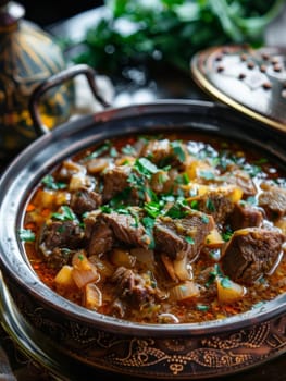 Armenian khash, a winter season soup made from beef or lamb feet, served in a large pot. A traditional and hearty dish from Armenia