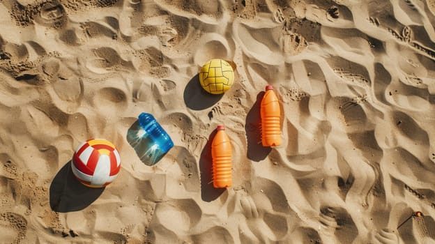 A row of glass bottles, azure balls, and paddles lay scattered on the sandy beach, creating a beautiful art display in harmony with the natural environment AIG50