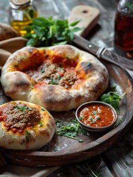Libyan bazin, a hard dough served with a spicy tomato sauce and meat, presented on a traditional tray. A flavorful and traditional dish from Libya