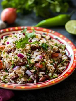 Costa Rican gallo pinto, rice and beans with cilantro and onions, served on a colorful plate. A traditional and flavorful dish from Costa Rica