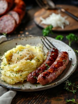 Dutch stamppot, mashed potatoes with sauerkraut and smoked sausage, served on a plate. A hearty and traditional dish from the Netherlands