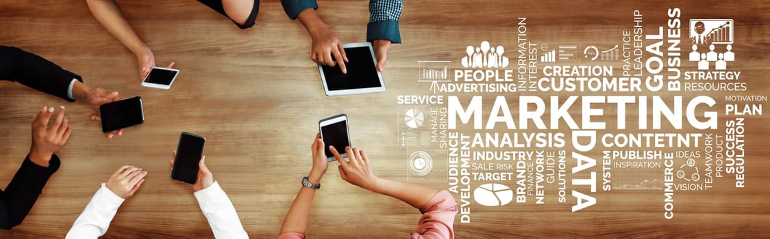 Digital Marketing Technology Solution for Online Business Concept - Graphic interface showing analytic diagram of online market promotion strategy on digital advertising platform via social media. uds