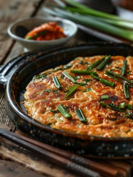 South Korean haemul pajeon, a seafood pancake with scallions, served on a ceramic dish. A traditional and flavorful dish from Korea