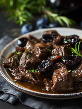 Croatian pasticada, beef stewed in wine and prunes, served on a ceramic plate. A traditional and flavorful dish from Croatia