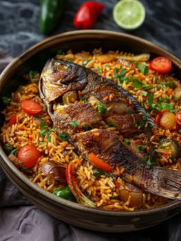 Senegalese thieboudienne, fish rice with vegetables, served in a large bowl. A traditional and flavorful dish from Senegal