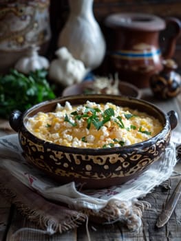 Moldovan mamaliga, cornmeal porridge often served with cottage cheese and sour cream, cooked in a pot. A traditional and hearty dish from Moldova