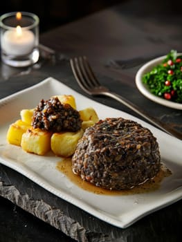 Scottish haggis, served on a white platter with neeps turnips and tatties (potatoes). A traditional and hearty dish from Scotland