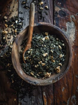 Burmese tea leaf salad lahpet thoke, fermented tea leaves with nuts and seeds, served in a wooden bowl. A traditional and flavorful dish from Burma