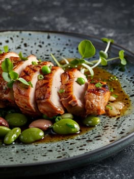 Luxembourgish judd mat gaardebounen, smoked collar of pork with broad beans, served on a ceramic plate. A traditional and flavorful dish from Luxembourg