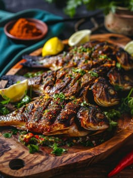 Iraqi masgouf, grilled carp seasoned with tamarind and turmeric, served on a wooden platter. A traditional and flavorful dish from Iraq