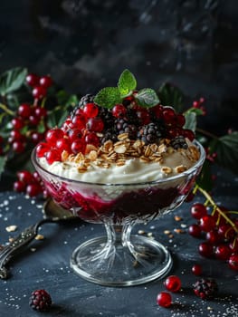 Estonian kama with yogurt in a glass bowl, a mixture of ground grains with fresh berries. A traditional and healthy Estonian dish