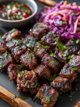 Haitian griot, marinated and fried pork cubes with spicy slaw, served on a serving tray. A flavorful and traditional dish from Haiti