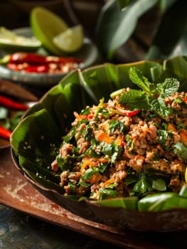 Laotian larb, spicy minced meat salad with lime and herbs, served in a banana leaf bowl. A traditional and flavorful dish from Laos