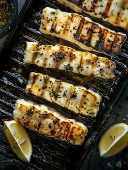 Cypriot halloumi on a grill, served with lemon wedges and a drizzle of olive oil. A delicious and traditional dish from Cyprus