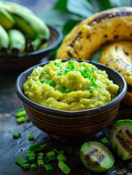 Ugandan matoke, cooked and mashed green bananas, served in a traditional bowl. A traditional and flavorful dish from Uganda