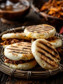 Venezuelan arepas, cornmeal cakes stuffed with cheese, pulled pork, or beans, served on a woven basket. A traditional and flavorful dish from Venezuela