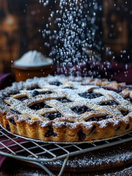 Finnish mustikkapiirakka blueberry pie on a cooling rack, with a dusting of sugar. A traditional and delightful Finnish dessert