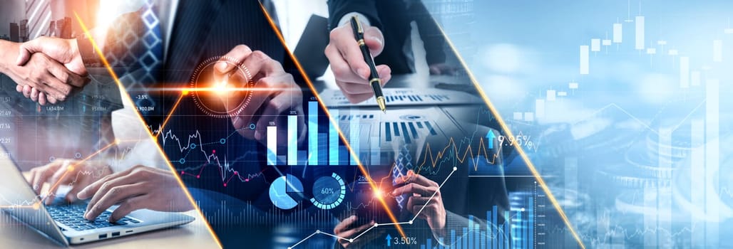 Futuristic business digital financial data technology concept for future big data analytic and business intelligence research for businessman analyst invest decisions making panoramic banner vexel