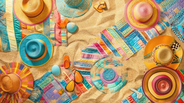 An electric blue hat, patterned scarf, stylish sunglasses, and a rainbow towel are laid out on the beach. The colors create a beautiful circle of art amidst the sand and water AIG50