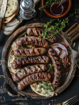 Serbian Cevapi, small grilled meat sausages with flatbread, served on a rustic tray. A traditional and flavorful dish from Serbia