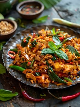 Sri Lankan kottu, chopped roti stir-fried with vegetables and chicken, served on a metal plate. A flavorful and traditional dish from Sri Lanka