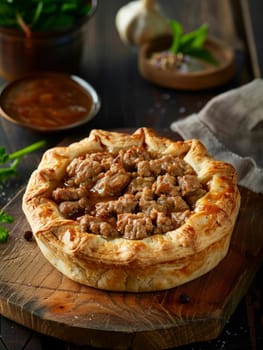 Australian meat pie, flaky crust filled with minced meat and gravy, served on a wooden board. A traditional and flavorful dish from Australia