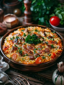 Palestinian maqluba, an upside-down rice cake with chicken and vegetables, served in a large serving dish. A traditional and flavorful dish from Palestine