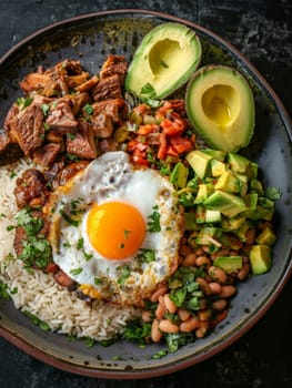 Colombian bandeja paisa on a large round platter, featuring beans, rice, pork, avocado, and fried egg. A traditional and hearty dish from Colombia