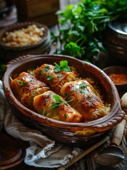 Romanian sarmale in a clay dish, cabbage rolls stuffed with minced meat and rice. A traditional and flavorful dish from Romania