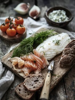 Icelandic fermented shark hakarl presented on a rustic wooden board with rye bread. A unique and traditional Icelandic dish