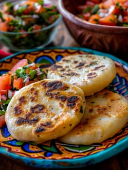 Salvadoran pupusas on a colorful plate, with a side of curtido and tomato salsa. A traditional and flavorful dish from El Salvador