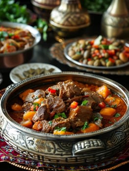 Omani shuwa in a large serving dish, marinated meat slow-cooked in an underground sand oven. A traditional and flavorful dish from Oman