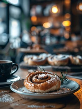 Finnish korvapuusti on a cafe table, freshly baked cinnamon rolls. A traditional and delicious Finnish pastry