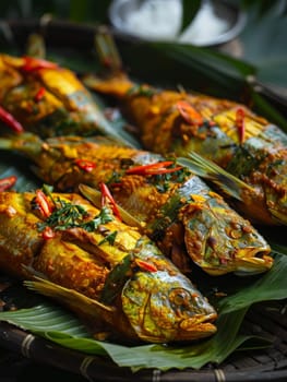 Cambodian amok fish in banana leaves, steamed with curry paste and coconut milk. A traditional and flavorful dish from Cambodia