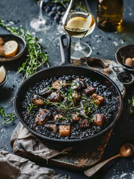 Croatian crni rizot in a skillet, black risotto made with squid ink. A traditional and flavorful dish from Croatia